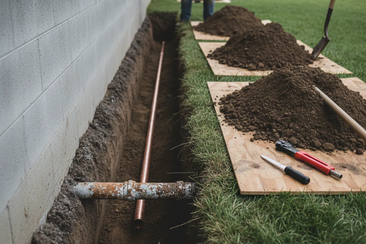 Excavated water line trench during Sewer Line Repair in Wallingford
